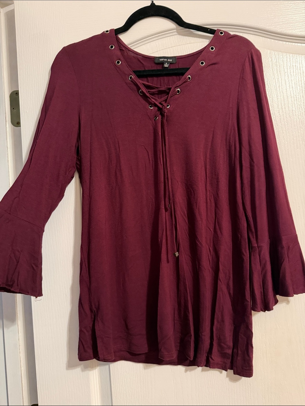 Verve Ami Lace-Up Bell Sleeve Tunic in Burgundy